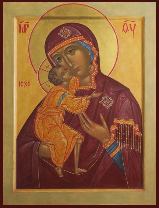 Jomfru Marie, 30x40 cm. Ikon. Gesso, æggtempera, bladguld af Viktoria Senderovitz. Flere ikoner på hjemmesiden.