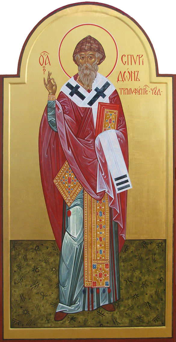 Sankt Spiridon, 70x140 cm. Ikon. Gesso, æggtempera, bladguld af Viktoria Senderovitz. Flere ikoner på hjemmesiden.