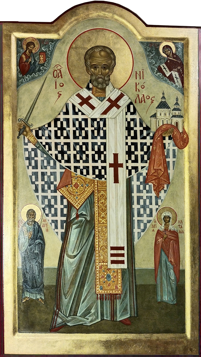 Sankt Nikolaj. 30x50 cm Ikon. Gesso, æggtempera, bladguld af Viktoria Senderovitz. Flere ikoner på hjemmesiden.