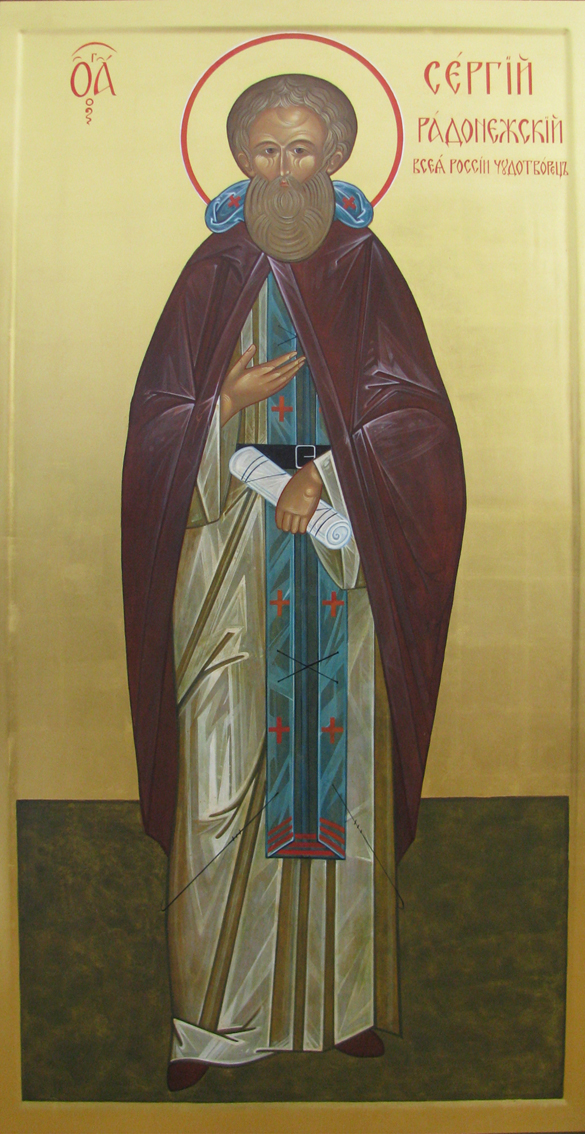Sankt Sergij, 70x140cm. Ikon. Gesso, æggtempera, bladguld af Viktoria Senderovitz. Flere ikoner på hjemmesiden.